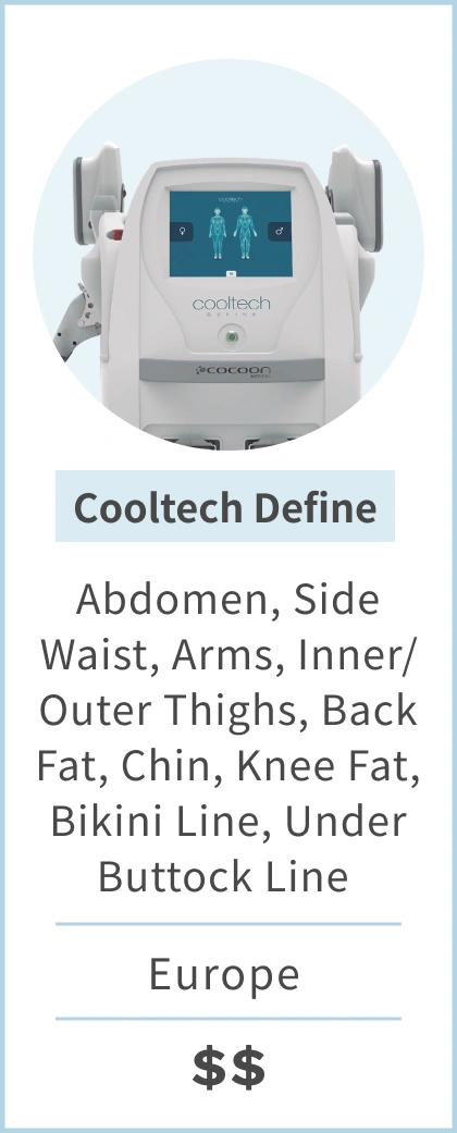 Cooltech Define Information Graphic: Can treat 4 areas at once, includes a massage handle, treatment time 40-70 minutes, up to 50% fat reduction